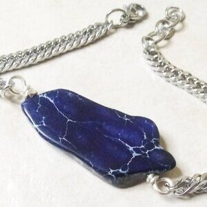 Dark Blue Sea Sediment Jasper Slab + Chunky Chain Bracelet ~ Adjust. 7-8" Wrist